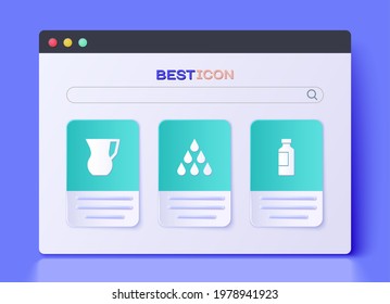 Set Water drop, Jug glass with water and Bottle of icon. Vector