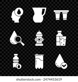 Set Water drop, Jug glass with water, filter, Bottle of, cartridge, Drop and magnifying and Fire hydrant icon. Vector