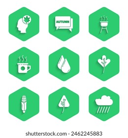 Set Gota de agua, Hoja u hojas, Nube con lluvia, Maíz, Taza de té, Parrilla de barbacoa e icono de hoja de cabeza humana. Vector