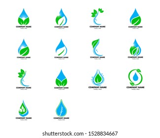 Set of Water drop leaf nature logo design template