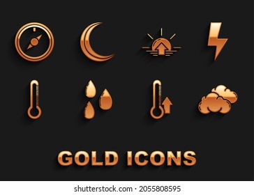 Set Water drop, Lightning bolt, Cloud, Thermometer, Sunrise, Wind rose and Moon and stars icon. Vector