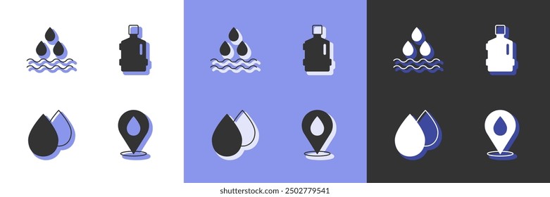 Establecer la gota de agua con la ubicación, y la botella grande icono de agua limpia. Vector