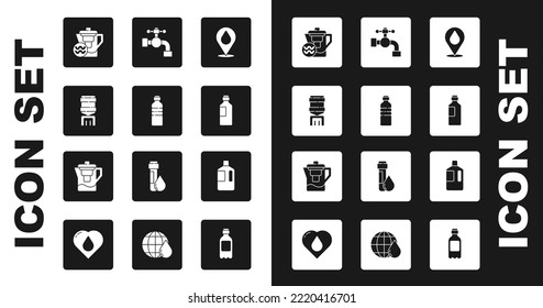 Set Water drop with location, Bottle of water, cooler, jug filter, tap, Big bottle clean and  icon. Vector