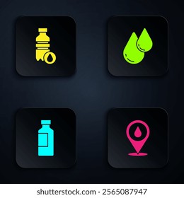 Set Water drop with location, Bottle of water,  and . Black square button. Vector