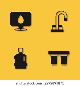 Set Water drop with location, filter cartridge, Big bottle clean water and tap icon with long shadow. Vector
