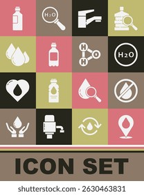 Gota de agua con ubicación, prohibido, fórmula química H2O, grifo, botella de agua, y el icono. Vector