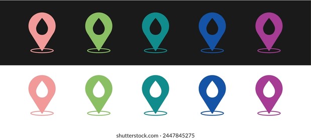 Set Gota de agua con icono de ubicación aislado sobre fondo blanco y negro.  Vector