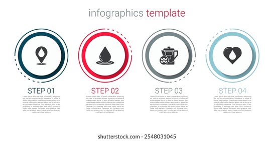 Set Water drop with location, , jug filter and Heart water. Business infographic template. Vector