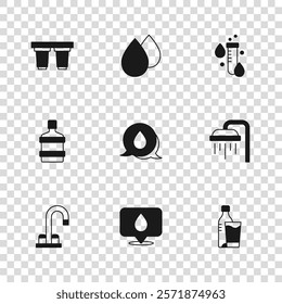 Set Water drop with location, Shower, Bottle of water glass, speech bubbles, Test tube, filter cartridge,  and Big bottle clean icon. Vector