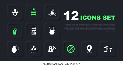 Ajuste la gota de agua con la ubicación, el grifo, el enfriador, prohibido, el agua de vidrio, la botella grande limpia y el icono de la lata de agua. Vector