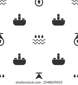 Ajuste la gota de agua con la ubicación, el agua de la onda y el grifo del lavabo en el modelo inconsútil. Vector