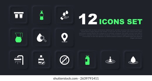 Set Water drop, Drop and magnifying glass, Bottle of water, Jug with, Big bottle clean,  and forbidden icon. Vector