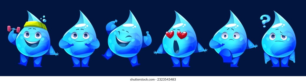 Set of water drop mascots with different emotions. Vector cartoon illustration of cute aqua droplets execising with dumbbell, smiling, laughing, jumping, in love, scared, thinking with question mark