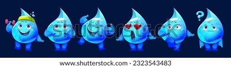 Set of water drop mascots with different emotions. Vector cartoon illustration of cute aqua droplets execising with dumbbell, smiling, laughing, jumping, in love, scared, thinking with question mark