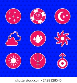 Set Water drop, Neptune planet, Symbol Uranus, Sun, Cloudy weather, Moon and stars and Full moon icon. Vector