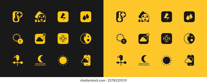 Set Water drop, Night fog or smoke, Snowflake, Sun, Weather forecast app, Lightning bolt, Thermometer and Acid rain radioactive cloud icon. Vector