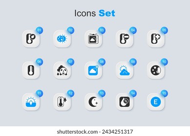 Set Water drop percentage, Acid rain radioactive cloud, Eclipse of the sun, Sunset, Compass west, Moon phases, Thermometer and Weather forecast app icon. Vector