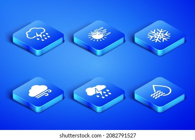Set Water drop percentage, Cloud with rain and lightning, Windy weather, Fog sun and Snowflake icon. Vector