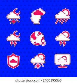 Set Water drop percentage, Cloud with snow and sun, Location cloud, Storm, Weather forecast, rain and  icon. Vector