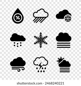 Set Water drop percentage, Cloud with rain, snow, Windy weather, and lightning and Fog cloud sun icon. Vector