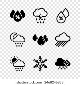 Set Water drop percentage, Cloud with rain and lightning, snow sun, Snowflake and  icon. Vector
