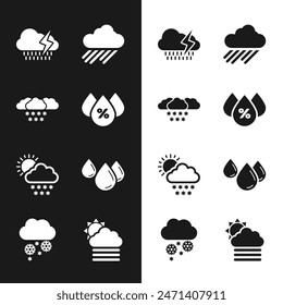 Establecer porcentaje de caída de agua, nubes con nieve, lluvia y rayos, sol e icono. Vector