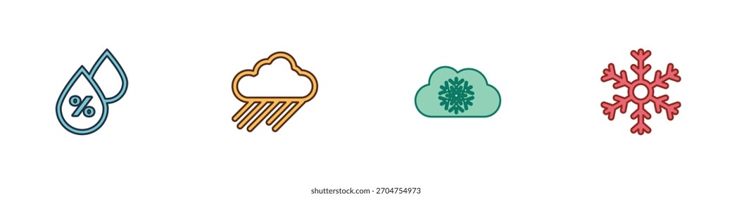 Set Water drop percentage, Cloud with rain, snow and Snowflake icon. Vector