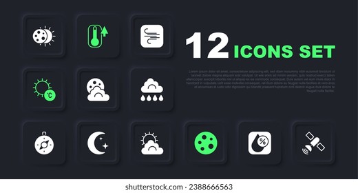 Set Water drop percentage, Satellite, Cloud with moon, Moon, Sun, and stars, Thermometer and cloud weather icon. Vector