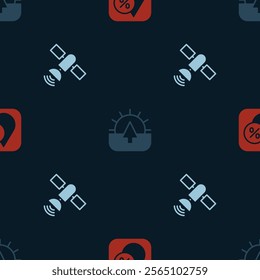 Set Water drop percentage, Sunrise and Satellite on seamless pattern. Vector