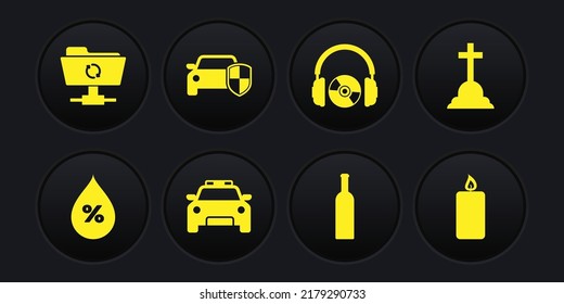 Set Water drop percentage, Tombstone with cross, Police car and flasher, Bottle of wine, Headphones CD or DVD and Car protection insurance icon. Vector