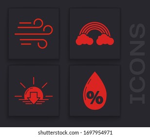 Establecer porcentaje de caída de agua, Viento, Arcoiris con nubes e icono de puesta de sol. Vector