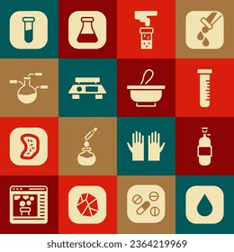 Ajuste la gota de agua, tanque de gas propano, tubo de ensayo y matraz, básculas electrónicas e icono de mortero. Vector
