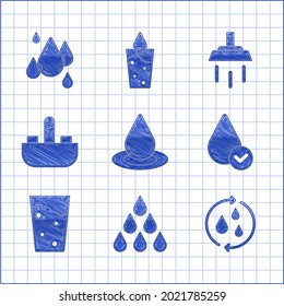Set Water drop, Recycle clean aqua, Glass with water, Washbasin tap, Shower and  icon. Vector