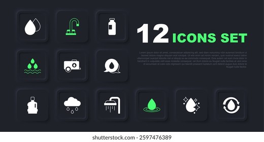 Set Water drop, Recycle clean aqua, Mobile water tank, Cloud with rain, tap and Shower icon. Vector