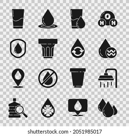 Colocar gota de agua, Cabeza de ducha, reciclar agua limpia, Vidrio con agua, impermeable e icono. Vector