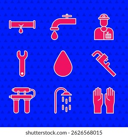Set Water drop, Shower, Rubber gloves, Pipe adjustable wrench, filter, Wrench spanner, Plumber and Broken pipe with leaking water icon. Vector