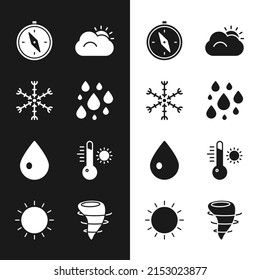 Set Water drop, Snowflake, Compass, Sun and cloud, Meteorology thermometer, Tornado and  icon. Vector
