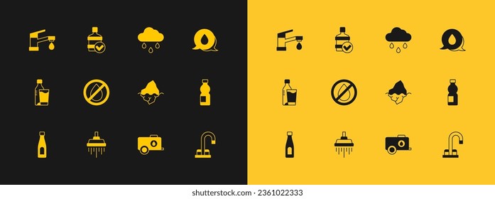 Set Water drop with speech bubbles, Shower, Iceberg, Mobile water tank, forbidden, Cloud rain, tap and Big bottle clean icon. Vector
