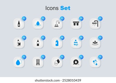 Set Water drop with speech bubbles, Bottle of water, Test tube,  and  icon. Vector