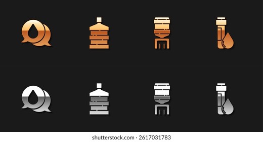 Set Water drop with speech bubbles, Big bottle clean water, cooler and Test tube icon. Vector