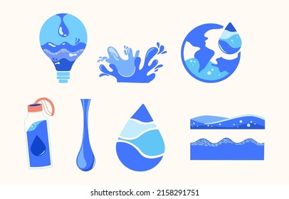 Set of water drop, splash, globe, bottle, wave vector
