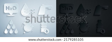 Set Water drop, tap, Bottle of water, Recycle clean aqua and Chemical formula for H2O icon. Vector
