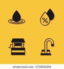 Establecer gota de agua, toque, pozo e icono de porcentaje con sombra larga. Vector