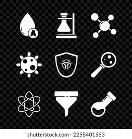 Set Water drop, Test tube flask on stand, Molecule, Atom, Funnel or filter, chemical, Bacteria and Biohazard symbol shield icon. Vector