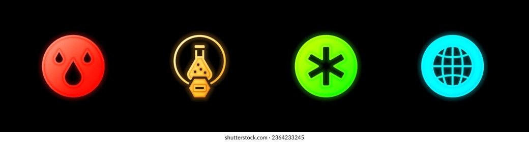 Set Water drop, Test tube and flask, Medical symbol of the Emergency and Social network icon. Vector