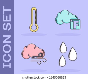 Set Water drop, Thermometer, Windy weather and Fahrenheit and cloud icon. Vector
