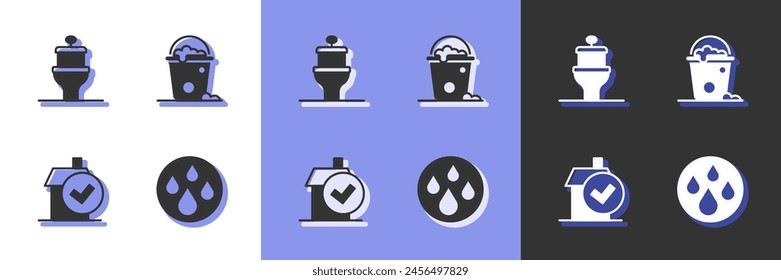 Set Water drop, Toilet bowl, Home cleaning service and Bucket with foam and bubbles icon. Vector