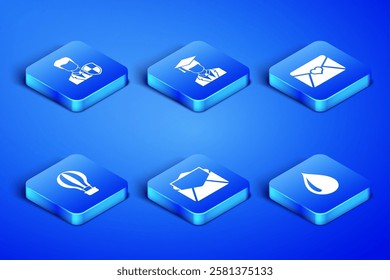 Set Water drop, User protection, Mail and e-mail, Hot air balloon, Graduate with graduation cap and Envelope Valentine heart icon. Vector