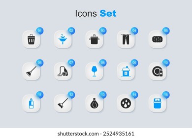 Set Water drop, Vacuum cleaner, Washbasin, Bottle for detergent, Trash can, Dishwashing bottle and plate,  and Wine glass icon. Vector