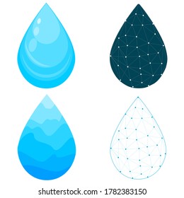 Set of water drop vector icons. Abstract Vector collection of flat water drop logo. Icons for droplet, water dot triangles line, rain, raindrop, company logo and bubble design.